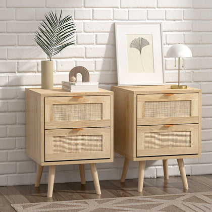 2pcs/Set Rattan Bedside Table Nightstand Cabinet 2 Drawer Wood Veneer Side Table