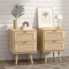 2pcs/Set Rattan Bedside Table Nightstand Cabinet 2 Drawer Wood Veneer Side Table