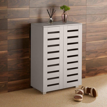 2 Door Shoe Storage Cabinet Grey Wooden Rack Stand Cupboard Slatted Doors Oslo