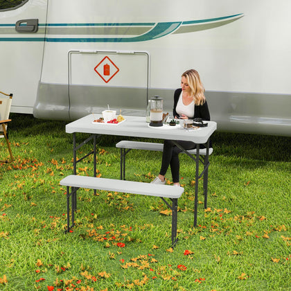 3 Piece Folding Picnic Table and Bench Set with Handle, Light Grey