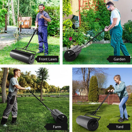 63L Metal Garden Lawn Roller Water Sand Filled Grass Roller Detachable Handle