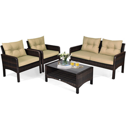 4 Pcs Outdoor Table Chair Furniture Set PE Rattan Patio Sectional Sofa Set