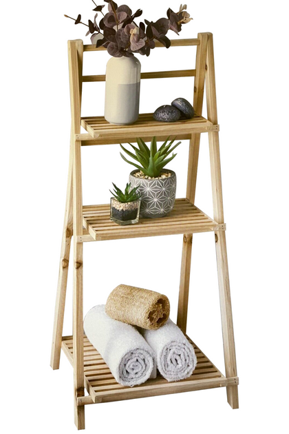 3 Tier Bathroom Ladder Shelf Folding Stand Storage Rack Wooden Free Standing