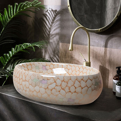 Marble Effect Fish Scale Design Oval Vanity Sink Bathroom Wash Countertop Basin