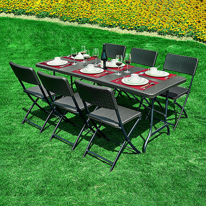 7pcs Plastic Rattan Effect Folding Beer Picnic Dining Outdoor Table Chairs Set