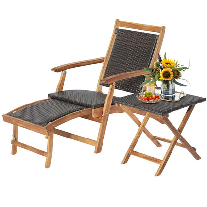 2-in-1 Garden Lounge Chair Table Set Folding Chaise Lounge w/Wicker Side Table