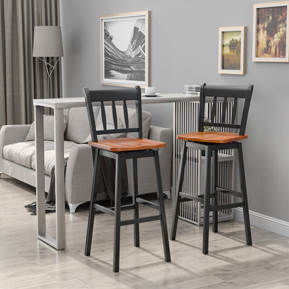 2X Swivel Height Bar Stools Solid Rubber Wood Dining Chairs w/ Footrest Backrest