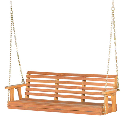 2-Person Porch Hanging Swing Chair Acacia Wood Garden Bench w/ Chains Natural