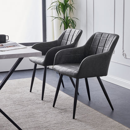 2x Grey Dining Chairs Faux Leather Retro Armchairs PU Kitchen Office Chair