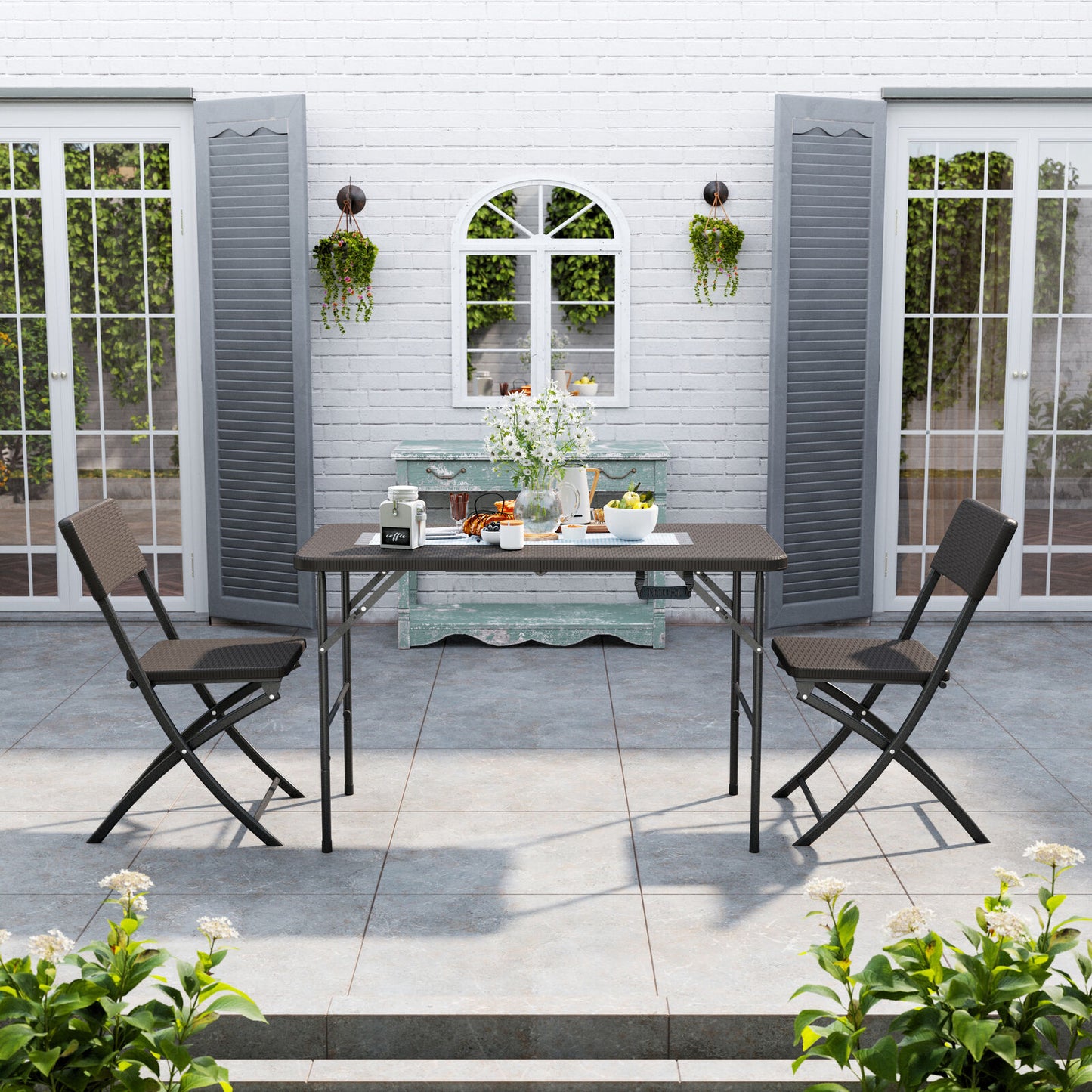 Rattan Garden Dining Table and Chairs Set Folding Camping BBQ Picnic Table Bench