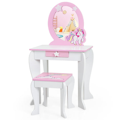 2 in 1 Kids Vanity Table and Chair Set Princess Makeup Dressing Table Writing