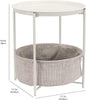 Round Storage End Table, White with Heather Grey Fabric, Modern Design