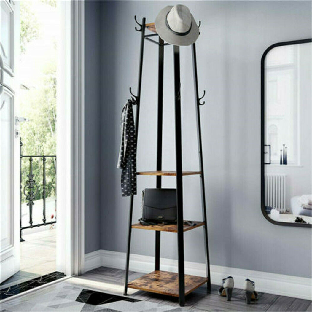 180cm Coat Stand Corner Garment Hat Rack Clothes Rails Hanger w/ 4 Storage Shelf