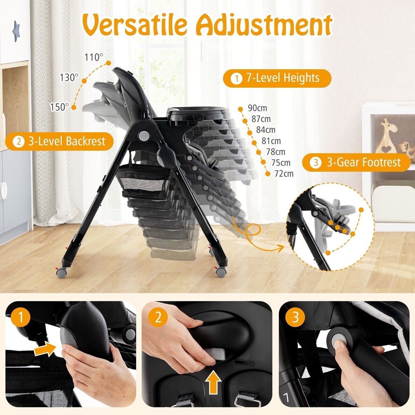 Folding Baby High Chair Adjustable Convertible High Chair W/ Removable Meal Tray