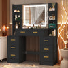 Black Dressing Table Drawers Mirror Stool Set Makeup Desk Vanity Table Bedroom