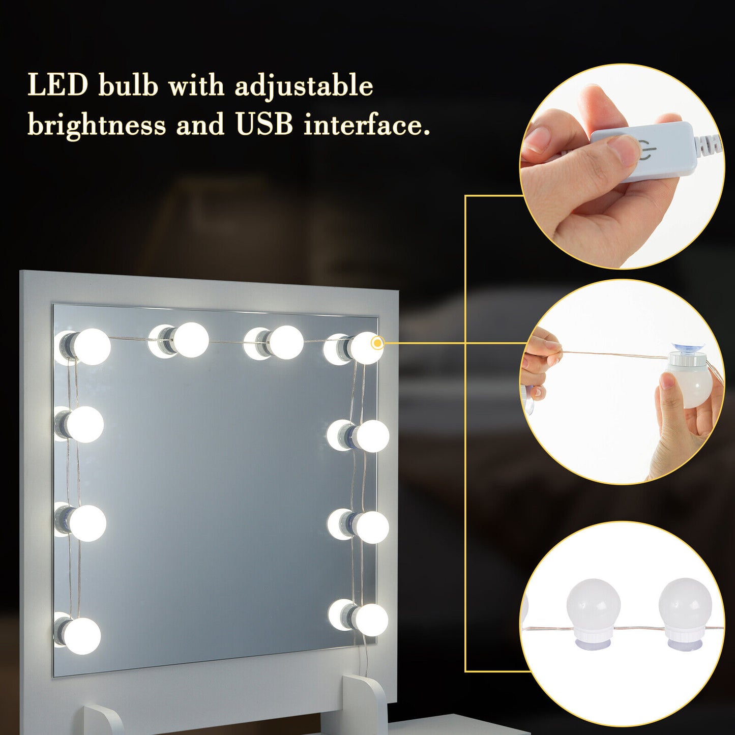 Dressing Table Makeup Vanity Desk w/ LED Light Mirror Drawers Bedroom Furniture