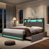Upholstered Bed Frame Double Bed LED Lights with Storage Drawers, Headboard Grey