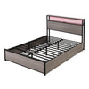 Double Bed Frame with LED Lights, 4 Drawers, Charging Station Metal Platform Bed
