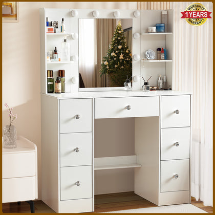 Modern Dressing Table Dimmable LED Mirror Makeup Desk with Drawers Vanity Table