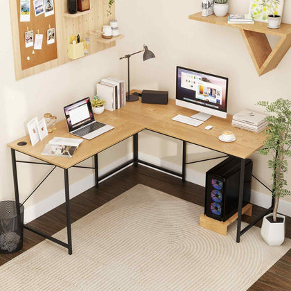 150 cm Corner Computer Desk with Built-in Power Strip-Natural