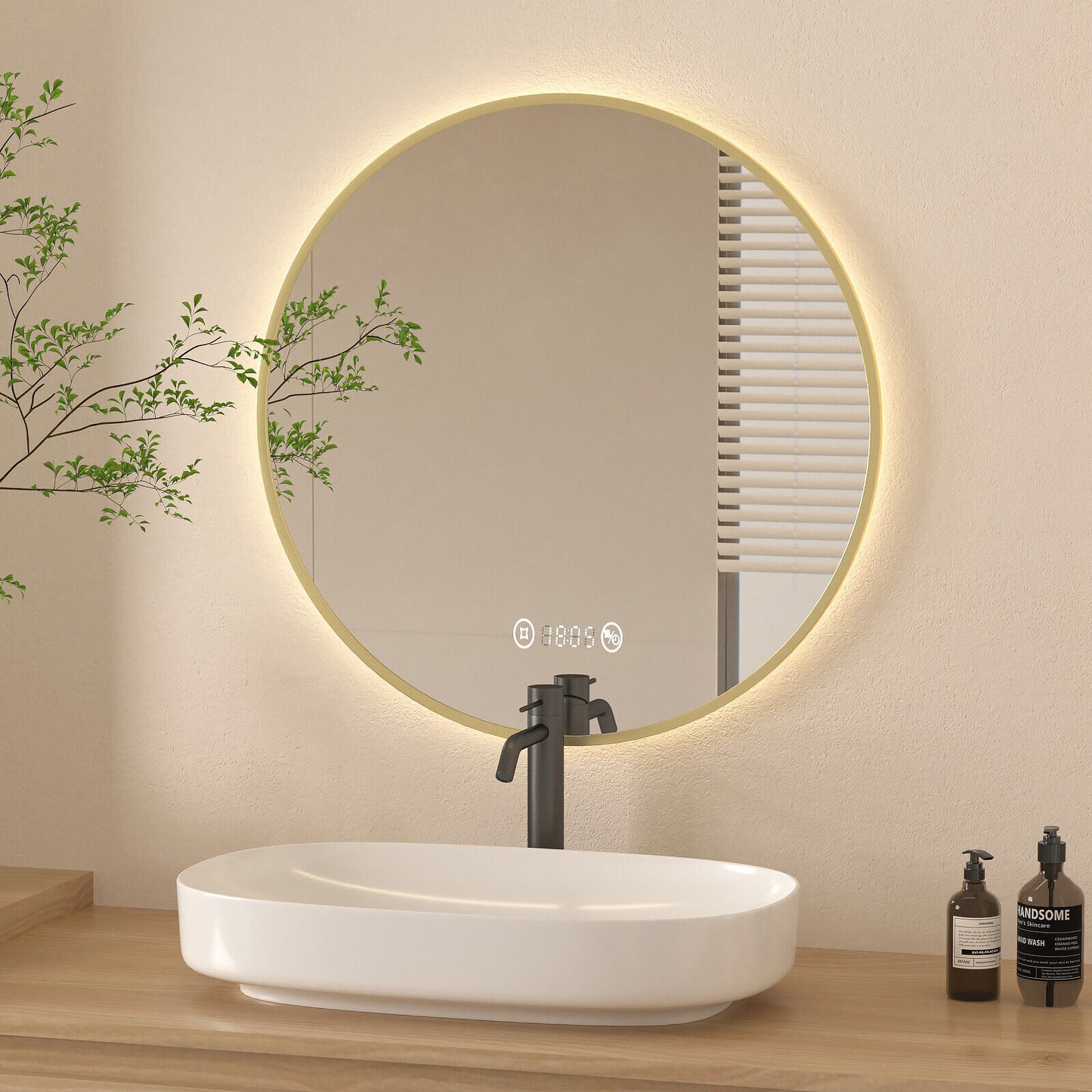 Round LED Mirror Bathroom Black Gold Frame With/no Clock Demister Illuminated