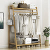 Bamboo Folding Clothes Rail 2 Tiers Hooks Bags Coat Stand Hanger Hallway Bedroom