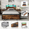 Single Metal Bed Frame with LED, Charging Station, Storage Headboard and Drawer