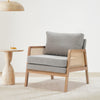 Wooden Frame Upholstered Fabric Rattan Armrest Reading Armchair Accent Chair