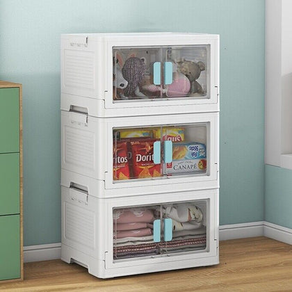 3PCS Stackable Folding Plastic Clothes Organizer Dual Doors Storage Boxes Case