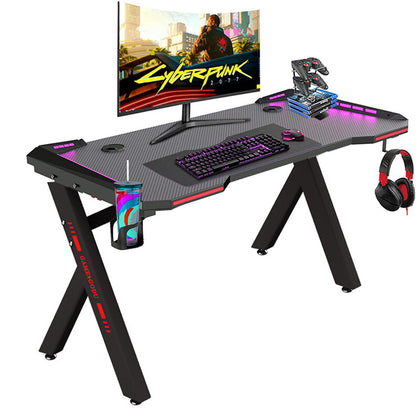 Adjustable LED Gaming Desk Computer Table w/Cup Holder Headphone Hook Cable Hole