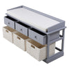 Shoe Storage Cabinet Hallway Bench Stool w Seat Cushion 3 Rattan Basket 3 Drawer