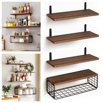 4Pcs Wooden Floating Shelves Wall Mounted Display Unit Shelf Storage Rack Decor