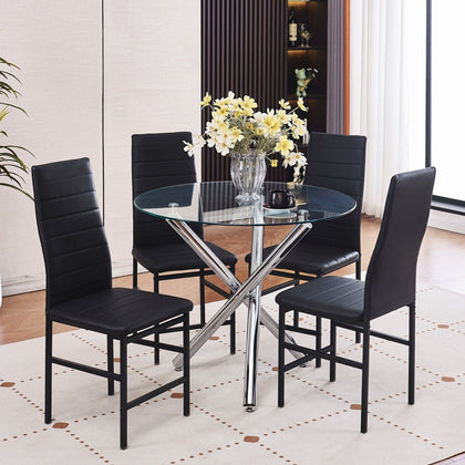 4x Black Faux Leather Dining Chairs & Round Clear Glass Dining Table Silver Legs