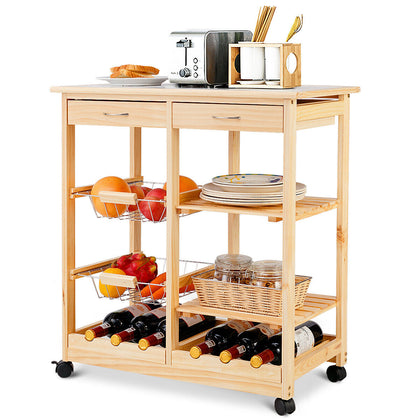 Mobile Serving Cart Rolling Wooden Kitchen Island Cart Tile Counter Top Natural