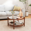 Wooden Accent Side Table Solid Wood Circle Table w/ Tempered Glass Top-Cherry