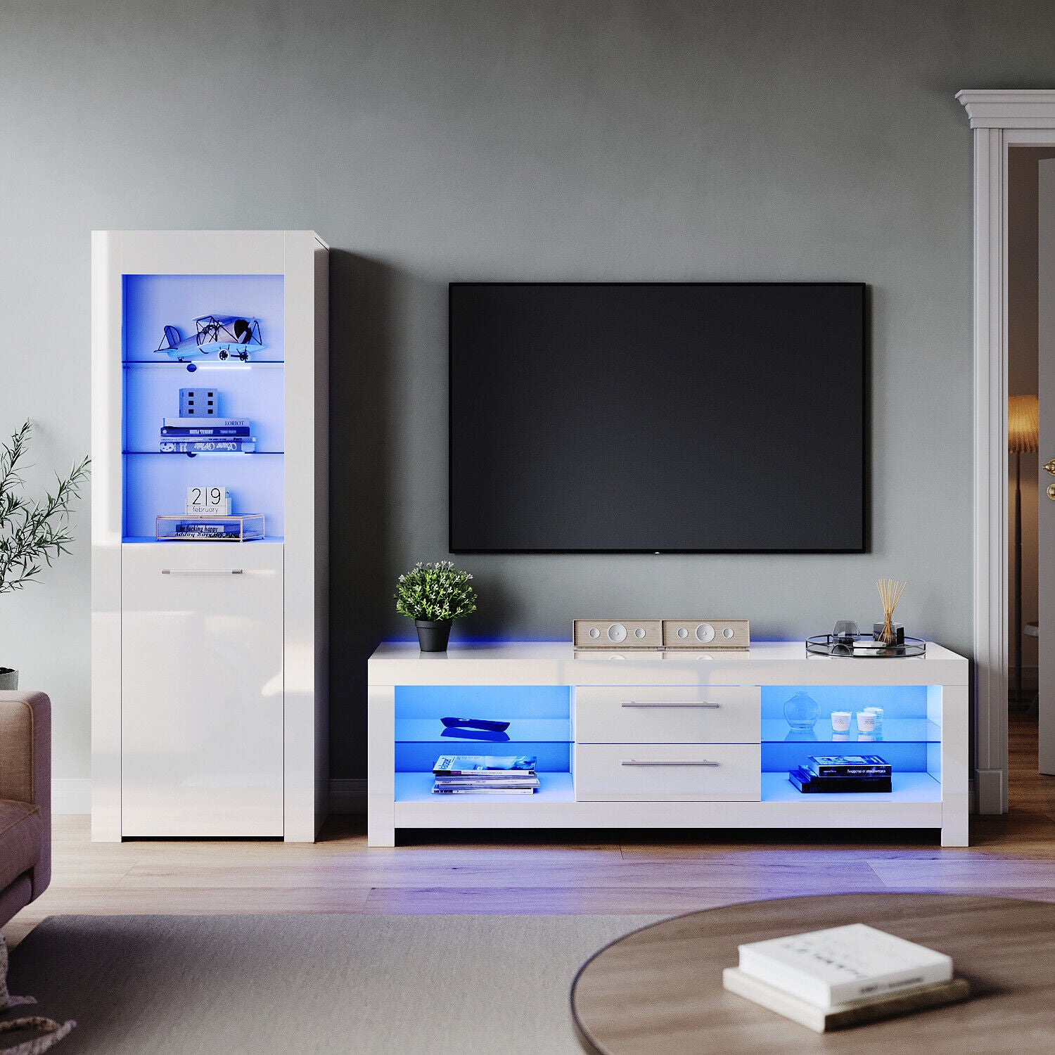 LED Living Room Set High Gloss TV Stand Display Cabinet White Cupboard ...