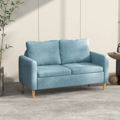 2 Seater Sofa Modern Fabric Couch with Wood Legs and 2 Pockets Blue
