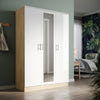High Gloss 3 Door Triple Mirrored Wardrobe White&Oak with Hanging Rail & Shelves