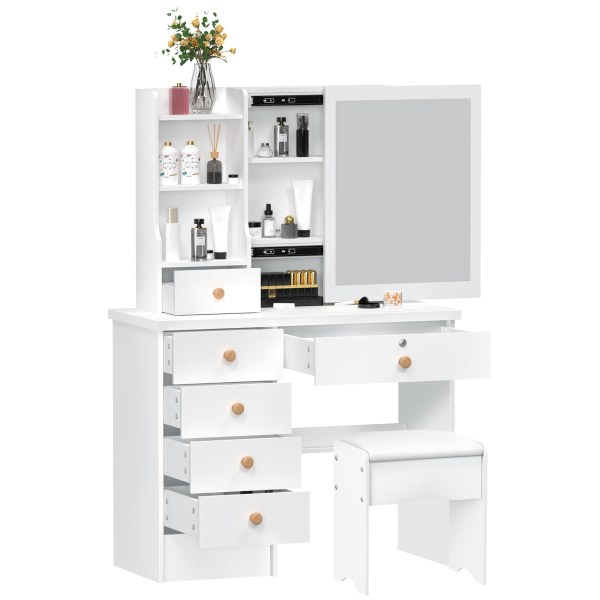 Dressing Table With Sliding Mirror 6 Drawers Open Shelves Vanity Desk ...