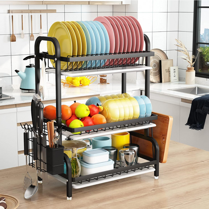 3 Tier Dish Drainer Plate Rack With Drip Draining Plate Bowl Tray Sink Drying UK