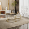 Round Nesting Coffee Tables with Drawer Set of 2 High Gloss Marble Pattern Top