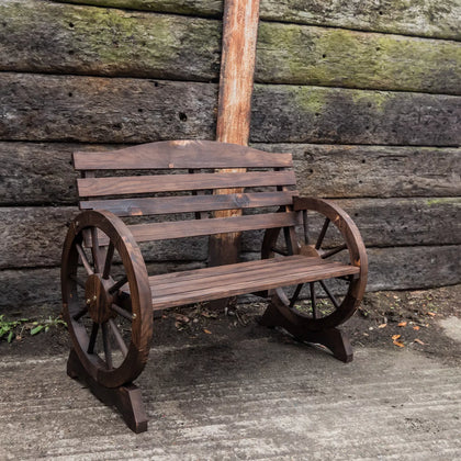 Woodside 2 Seater Wheel Bench, Outdoor Garden Patio Furniture Burnt Stained Wood