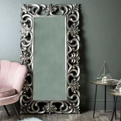 Large ornate silver bevelled wall floor leaner mirror vintage French shabby chic