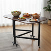 Brown Mobile Arc-edged Drop Leaf Table, Folding Kitchen Dining Table w/ 6 Wheels
