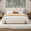 Double Bed Frame, Grey White, Upholstered Wooden Slat Bed Frame with Headboard