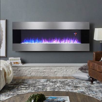 50 60in Electric Fireplace Wall Mounted LED Fire Flame 6 Colors Wall Grey Glass