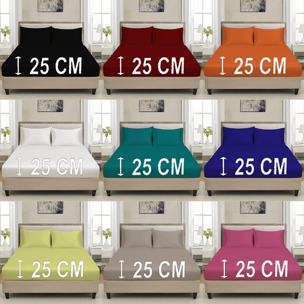Extra Deep 25cm Fitted Sheet 100% Poly Cotton Single Double King Size Bed Sheets