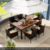 7 PCS PE Rattan Outdoor Patio Dining Set 6 Stackable Chairs Acacia Wood Table