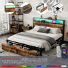Double Metal Bed Frame with LED, Charging Station, Storage Headboard and Drawers