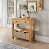 Solid Oak Console Table With 2 Seagrass Storage Draws Pre Assembled